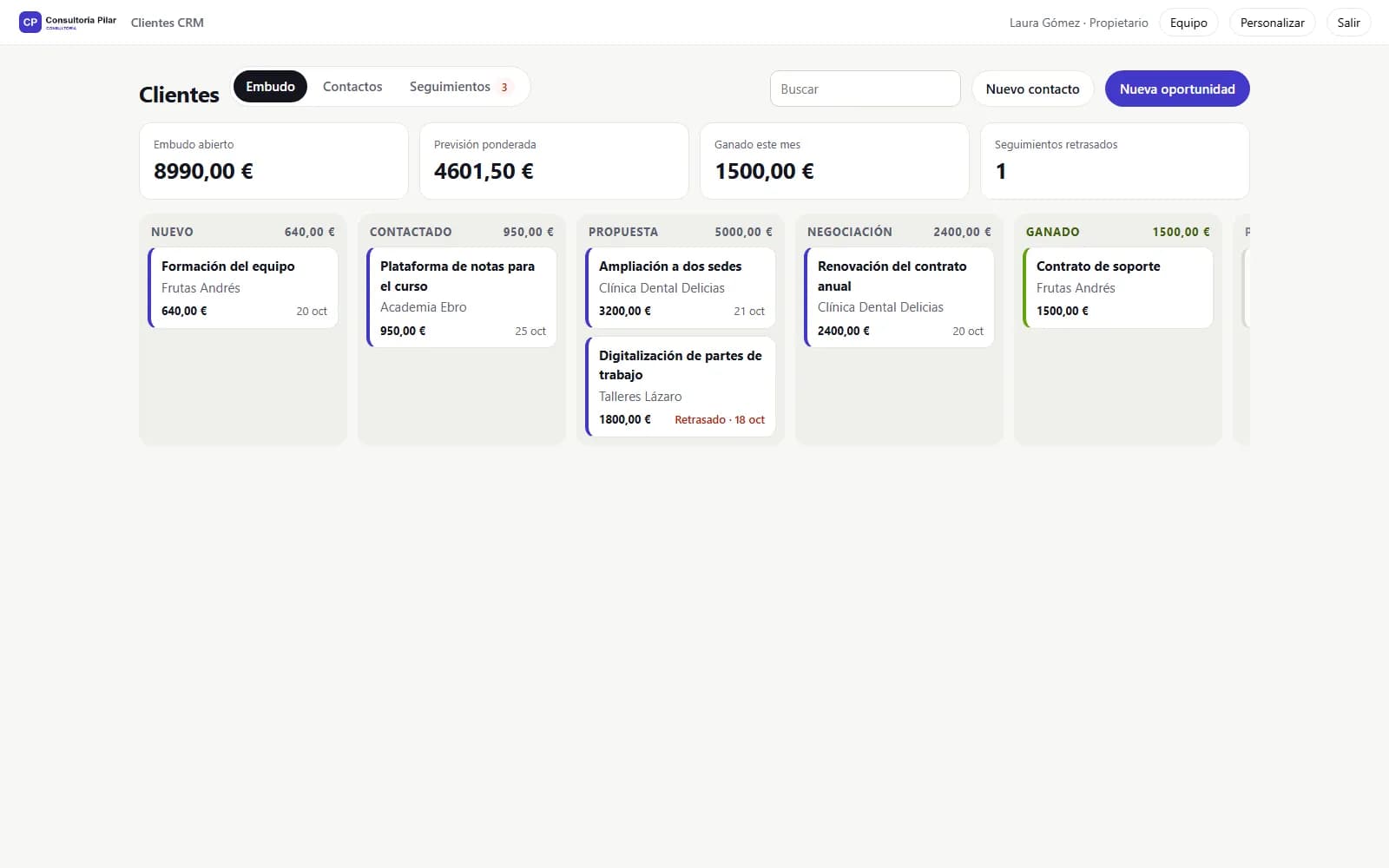 Captura de pantalla de Clientes CRM