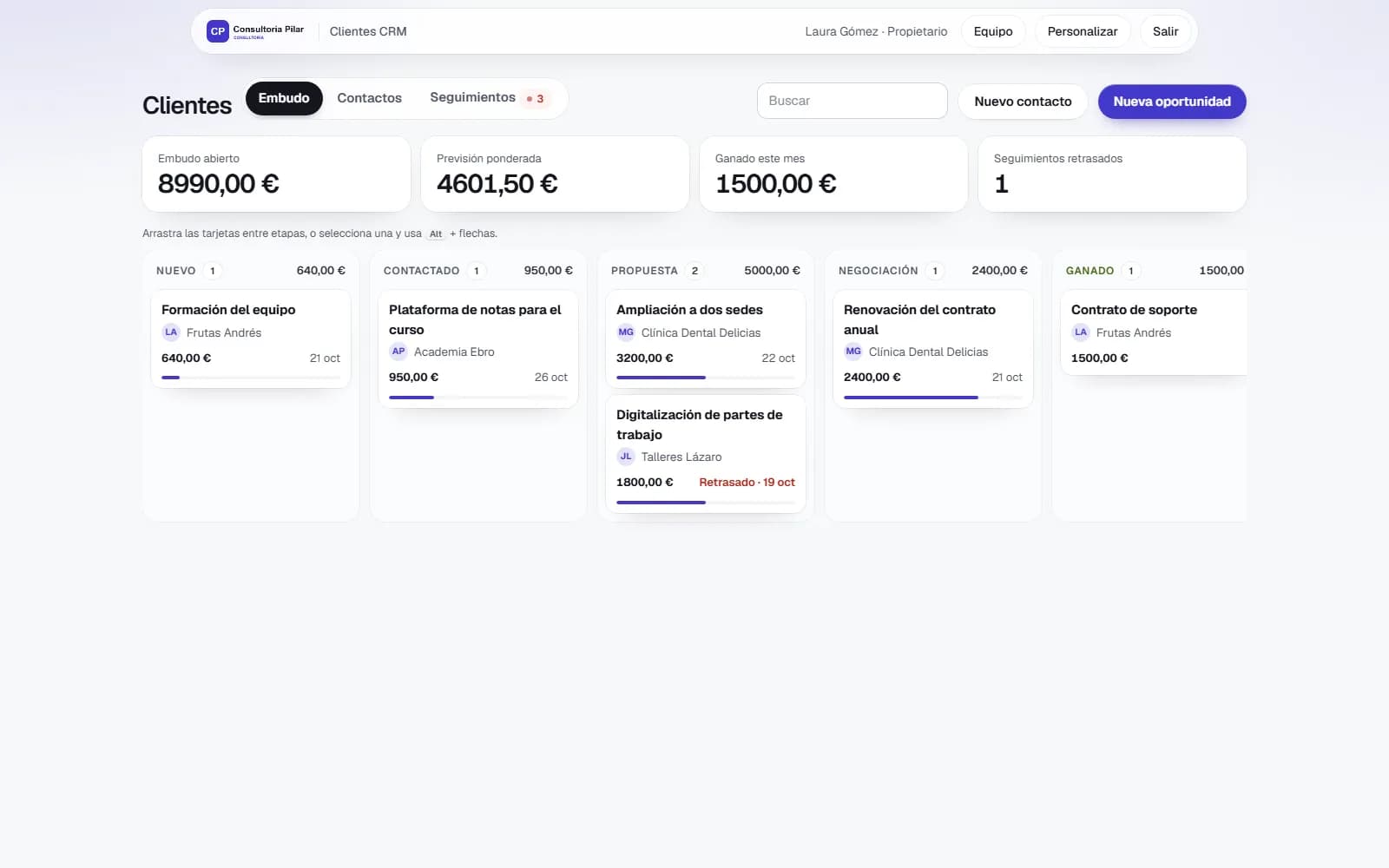 Captura de pantalla de Clientes CRM